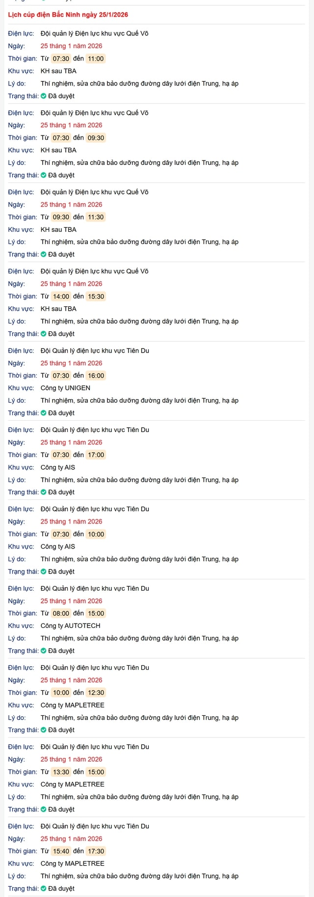 Tra cứu lịch cắt điện Bắc Ninh hôm nay Chủ Nhật ngày 25/1/2026- Ảnh 1.