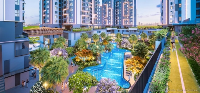 Đường chạy bộ và các tiện ích tại trung tâm các khối tháp. Ảnh: Phú Mỹ Hưng