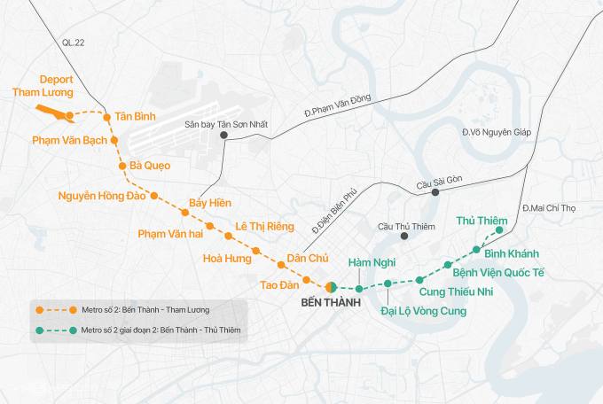 Hướng tuyến hai đoạn metro Bến Thành - Tham Lương và Bến Thành - Thủ Thiêm. Đồ họa: Khánh Hoàng