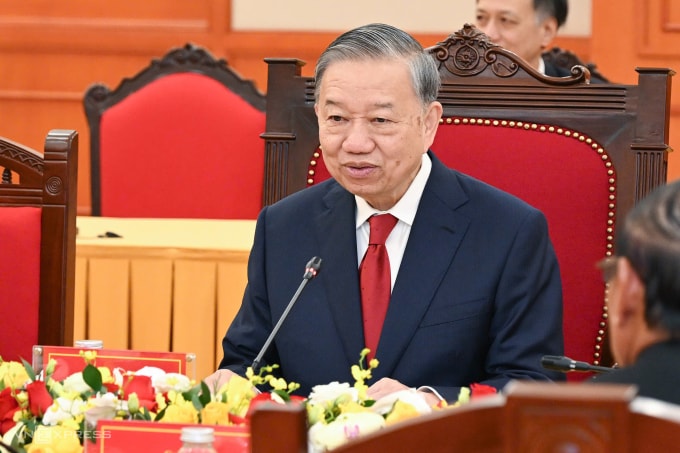 Tổng Bí thư Tô Lâm hội đàm cùng Tổng Bí thư, Chủ tịch nước Lào Thongloun Sisoulith ngày 26/1 tại Trụ sở Trung ương Đảng. Ảnh: Giang Huy