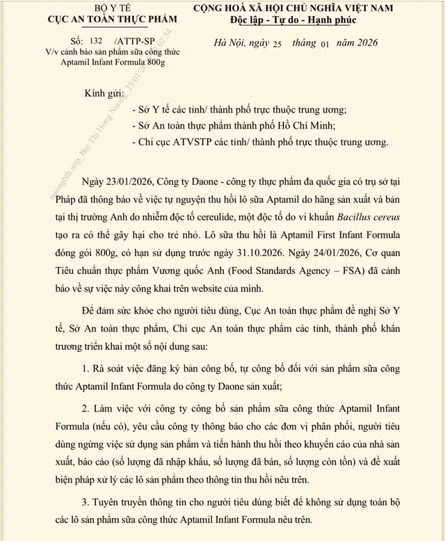 Thu hồi khẩn cấp sữa Aptamil nghi nhiễm độc tố Việt Nam yêu cầu rà soát, ngừng sử dụng toàn quốc