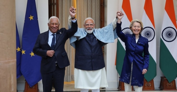 Chủ tịch Hội đồng Châu Âu Antonio Costa, Thủ tướng Ấn Độ Narendra Modi và Chủ tịch Ủy ban Châu Âu Ursula von der Leyen ngày 27/1. Ảnh: Reuters