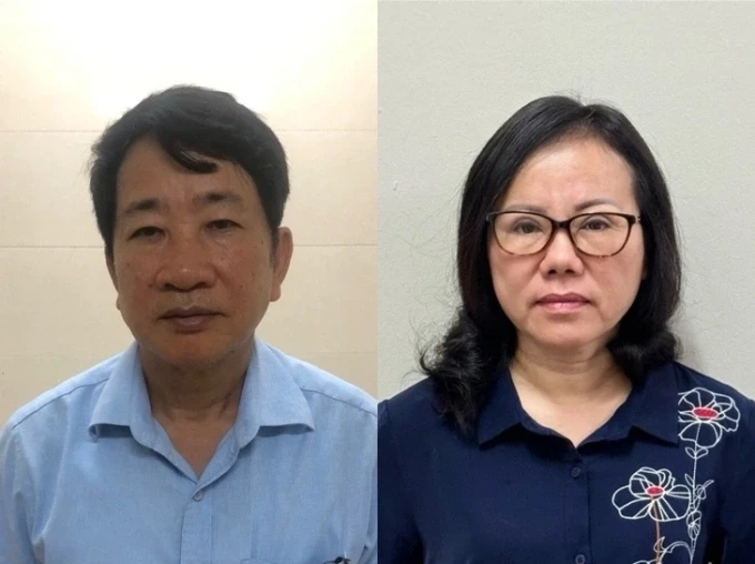 Cựu giám đốc Bảo hiểm xã hội tỉnh Bắc Giang Thân Đức Lại và Cựu Giám đốc Bệnh viện Y học cổ truyền tỉnh Thái Nguyên Trương Thị Thu Hương. Ảnh: Bộ Công an