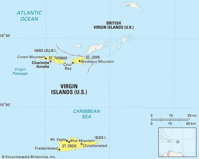 Vị trí ba đảo St. Thomas, St. John và St. Croix (màu vàng) thuộc quần đảo Virgin của Mỹ. Đồ họa: Britannica