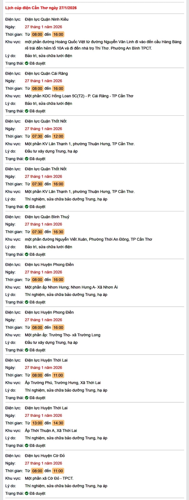 Tra cứu lịch cúp điện Cần Thơ hôm nay Thứ 3 ngày 27/1/2026- Ảnh 1.