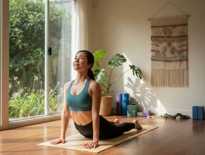 Tư thế rắn hổ mang giảm đau lưng dưới. Ảnh minh họa bởi AI