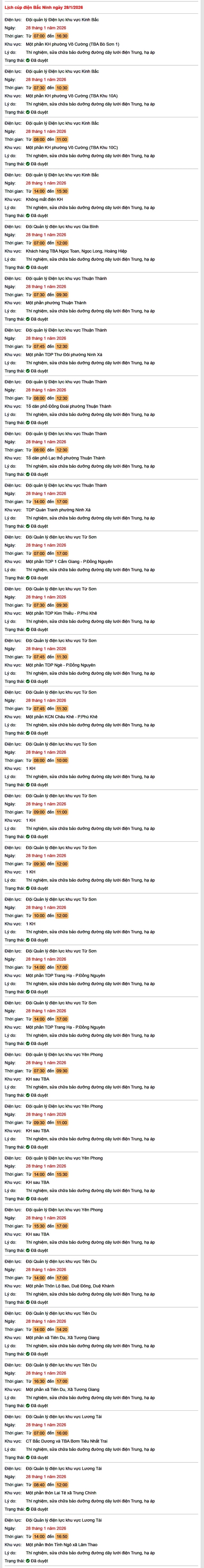 Tra cứu lịch cắt điện Bắc Ninh hôm nay Thứ 4 ngày 28/1/2026- Ảnh 1. Tra cứu lịch cắt điện Bắc Ninh hôm nay Thứ 4 ngày 28/1/2026- Ảnh 1.