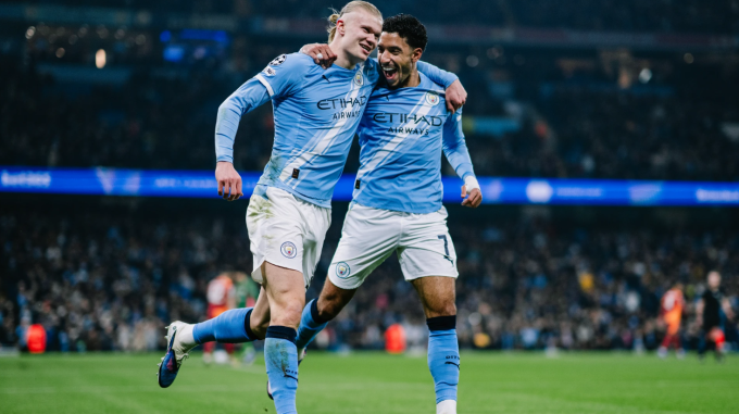 Erling Haaland mừng bàn cùng Omar Marmoush trong trận Man City thắng Galatarasay 2-0 ở lượt cuối vòng bảng Champions League trên sân Etihad, Manchester, Anh ngày 28/1/2026. Ảnh: Man City