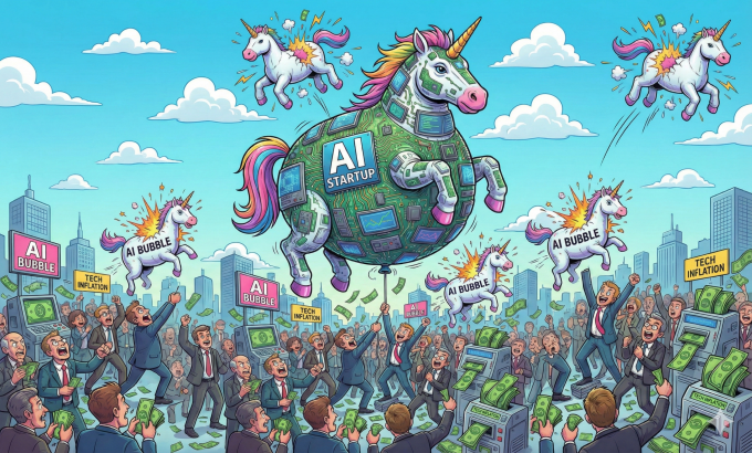 Minh họa về kỳ lân công nghệ thời AI kèm nguy cơ bong bóng. Ảnh: Gemini