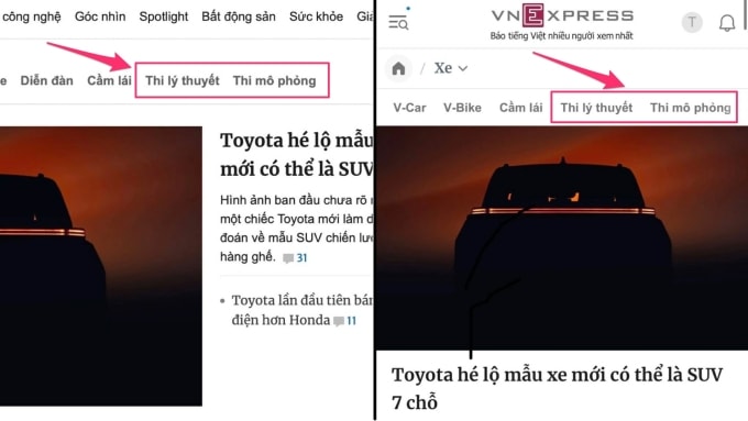 Phần thi thử có thể được tìm thấy ở phần chỉ mục phía trên trang Xe ở cả giao diện website (trái) và bản mobile (phải).