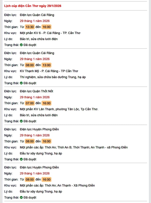 Tra cứu lịch cúp điện Cần Thơ hôm nay Thứ 5 ngày 29/1/2026- Ảnh 1.