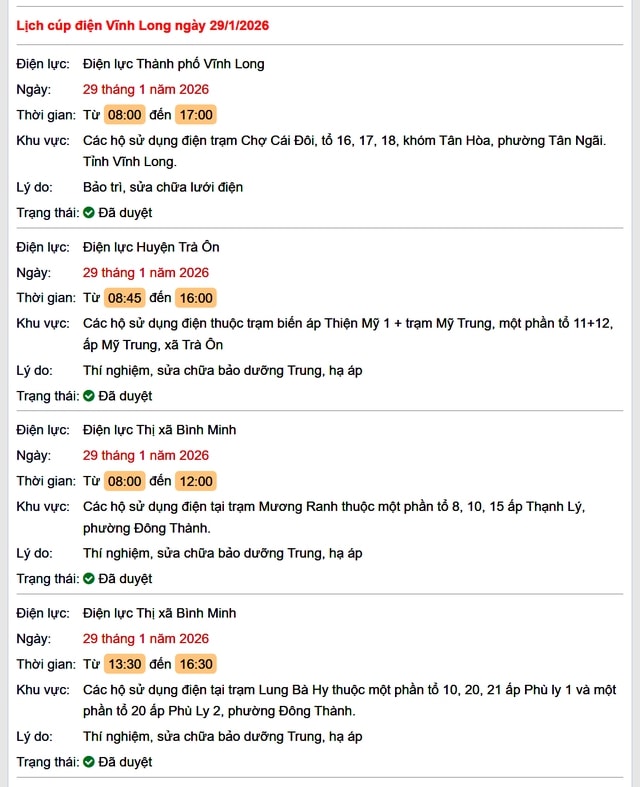 Tra cứu lịch cúp điện Vĩnh Long hôm nay Thứ 5 ngày 29/1/2026- Ảnh 1.