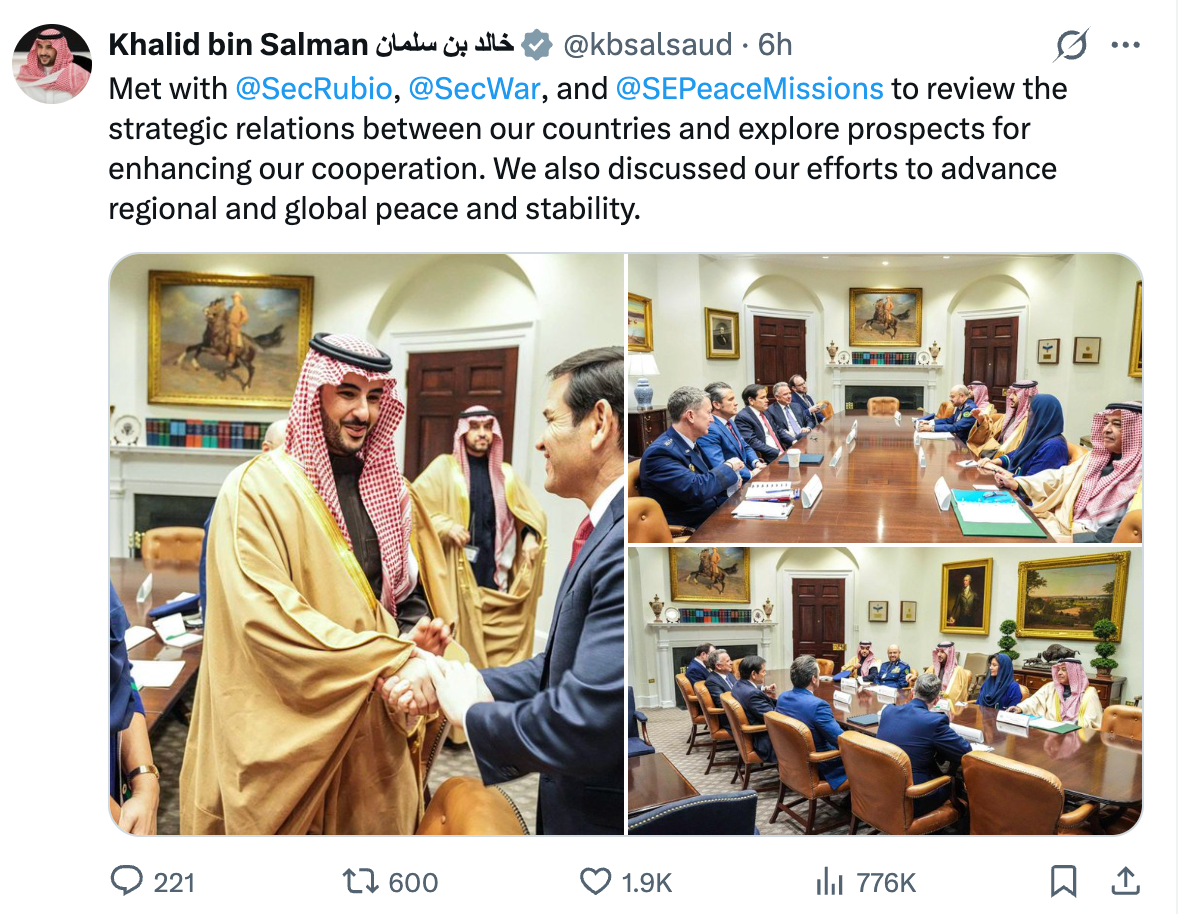 Hoàng tử Khalid gặp Đặc phái viên Mỹ Steve Witkoff (Ảnh: X)