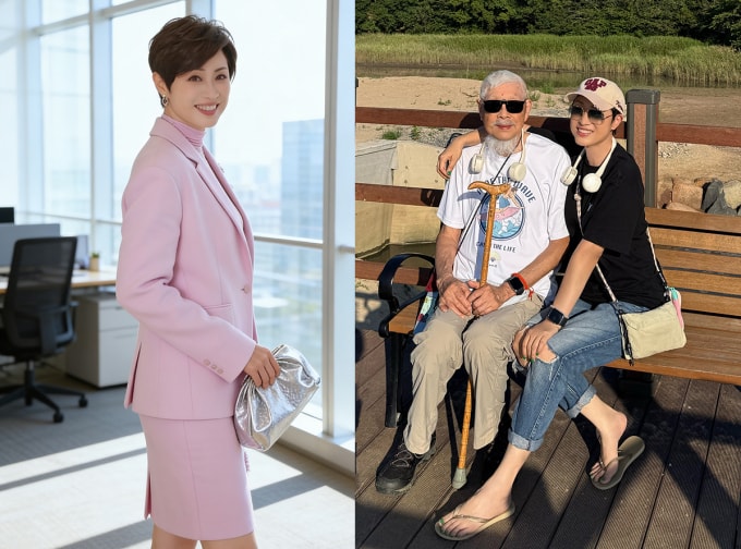 Pháp Dung khi làm việc, đưa cha đi chơi. Ảnh: Weibo