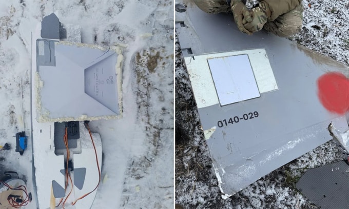 Mảnh vỡ UAV Nga với thiết bị đầu cuối Starlink trong ảnh công bố ngày 15/1. Ảnh: Facebook/Serhy Beskrestnov,