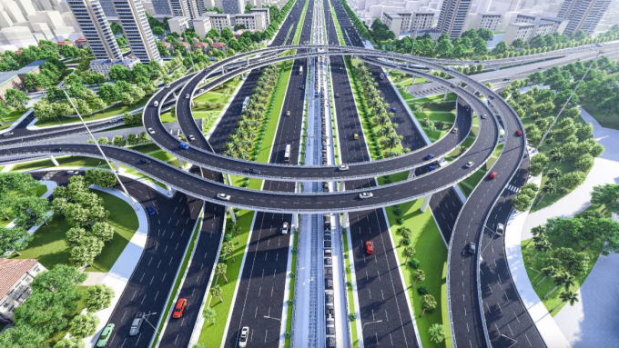 Phối cảnh nút giao khác mức (gồm đường cao tốc, hầm chui, đường sắt, đường dẫn trên cao) đường Vành đai 3,5 với Đại lộ Thăng Long.