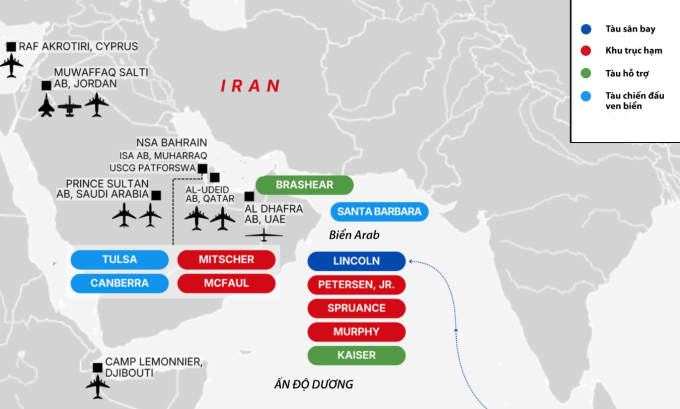 Vị trí nhóm tác chiến tàu sân bay Abraham Lincoln . Đồ họa: IEJ Media