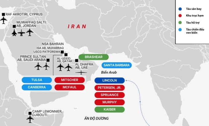 Vị trí nhóm tác chiến tàu sân bay USS Abraham Lincoln. Đồ họa: IEJ Media