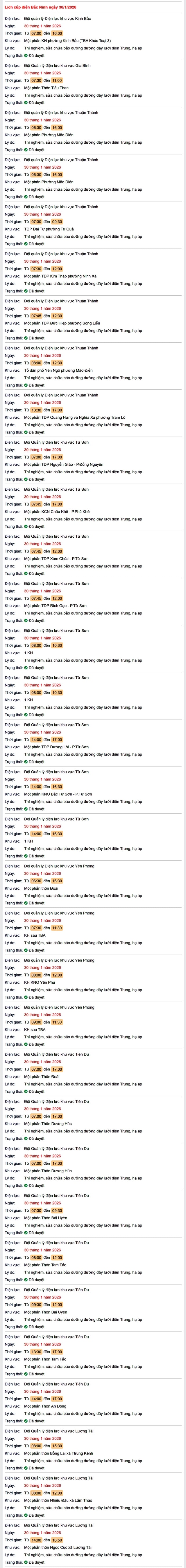 Tra cứu lịch cắt điện Bắc Ninh hôm nay Thứ 6 ngày 30/1/2026- Ảnh 1. Tra cứu lịch cắt điện Bắc Ninh hôm nay Thứ 6 ngày 30/1/2026- Ảnh 1.
