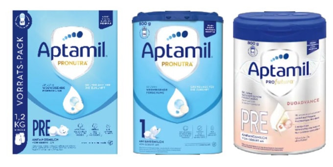 Các lô sữa Aptamil bị thu hồi tại Đức. Ảnh: Product Warning