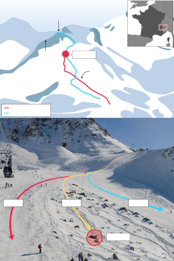 Vị trí Michael Schumacher gặp nạn (khoanh tròn đỏ) khi trượt tuyết ngày 29/12/2013 trên dãy Alps ở Pháp. Ảnh: Daily Mail