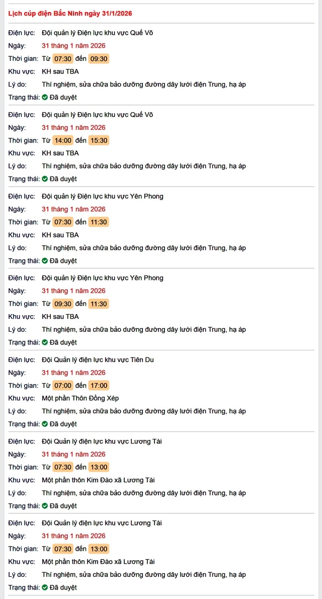 Tra cứu lịch cắt điện Bắc Ninh hôm nay Thứ 7 ngày 31/1/2026- Ảnh 1. Tra cứu lịch cắt điện Bắc Ninh hôm nay Thứ 7 ngày 31/1/2026- Ảnh 1.