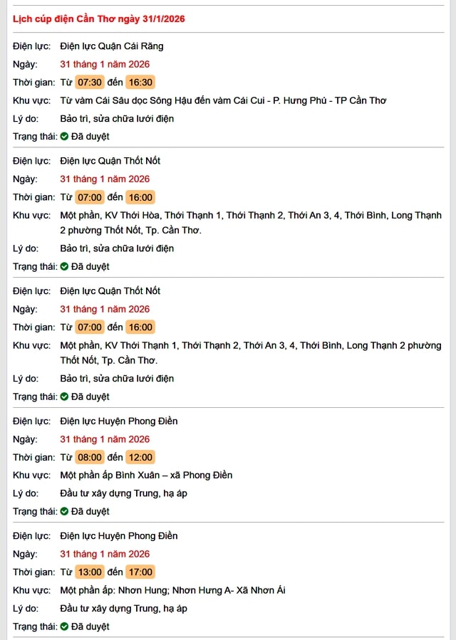 Tra cứu lịch cúp điện Cần Thơ hôm nay Thứ 7 ngày 31/1/2026- Ảnh 1.