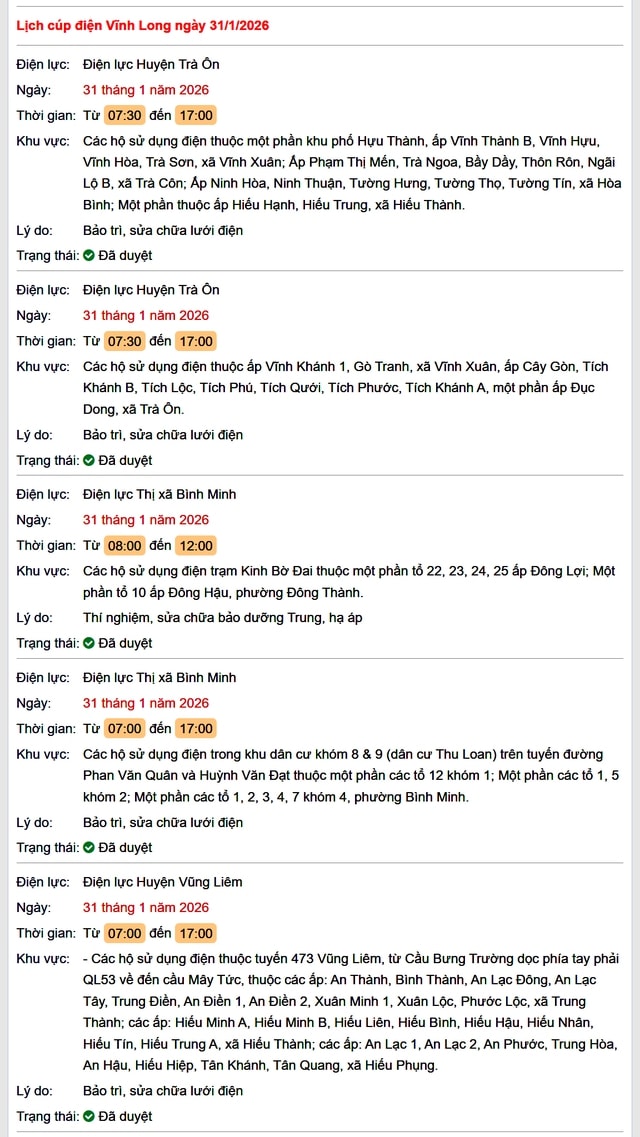 Tra cứu lịch cúp điện Vĩnh Long hôm nay Thứ 7 ngày 31/1/2026- Ảnh 1.
