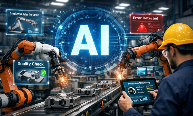 Minh họa một số ứng dụng AI trong sản xuất. Ảnh vẽ bởi công cụ AI