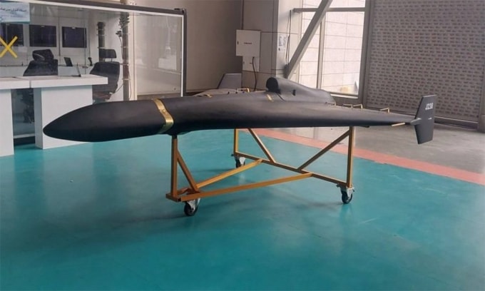 UAV Shahed-238 với động cơ phản lực được Iran ra mắt vào năm 2023. Ảnh: Army Recognition