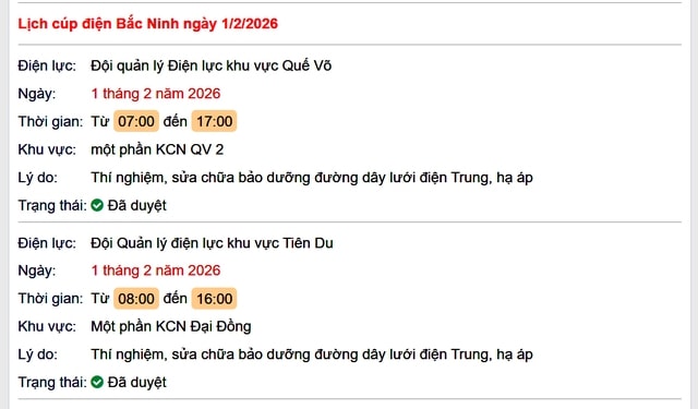Tra cứu lịch cắt điện Bắc Ninh hôm nay Chủ Nhật ngày 1/2/2026- Ảnh 1. Tra cứu lịch cắt điện Bắc Ninh hôm nay Chủ Nhật ngày 1/2/2026- Ảnh 1.