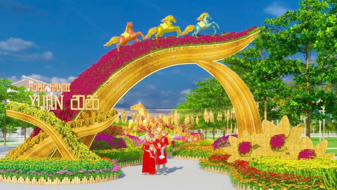 Cổng chào được trang trí bằng hoa và hình linh vật. Ảnh: AGS