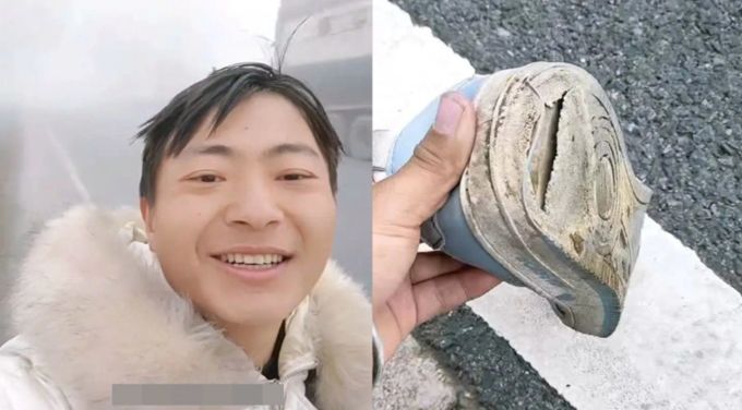 Yu Chou, 26 tuổi đi bộ từ Hàng Châu về Trùng Khánh hôm 5/12/2025 và đôi giày mòn gót do đi bộ hơn 1.400 km. Ảnh: Jimu News