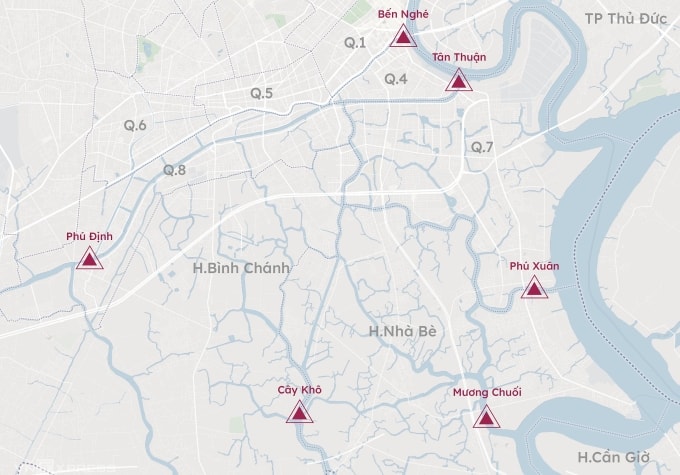 Vị trí xây 6 cống ngăn triều của dự án chống ngập 10.000 tỷ đồng. Đồ họa: Khánh Hoàng