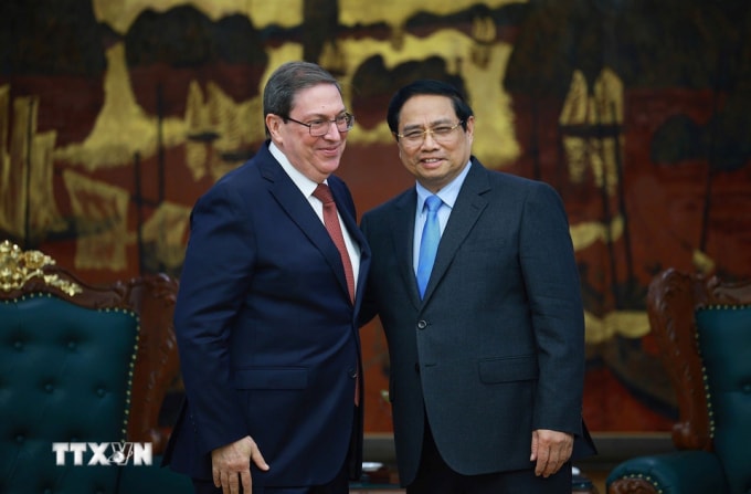 Thủ tướng Phạm Minh Chính và Bộ trưởng Ngoại giao Cuba Bruno Rodriguez Parrilla tại Hà Nội chiều 2/2. Ảnh: TTXVN