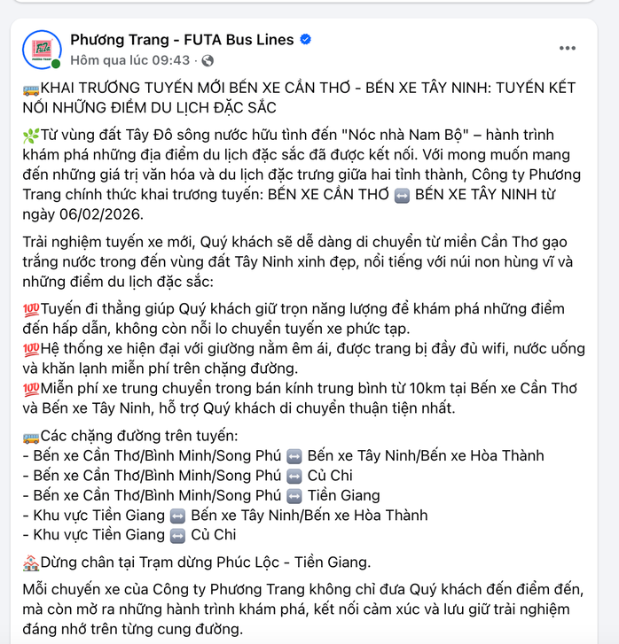 Phương Trang mở tuyến Cần Thơ - Tây Ninh, kết nối Tây Đô với núi Bà Đen - Ảnh 1.