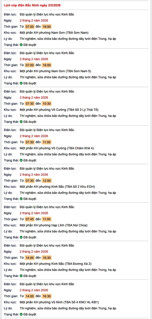 Tra cứu lịch cắt điện Bắc Ninh hôm nay Thứ 2 ngày 2/2/2026- Ảnh 1. Tra cứu lịch cắt điện Bắc Ninh hôm nay Thứ 2 ngày 2/2/2026- Ảnh 1.