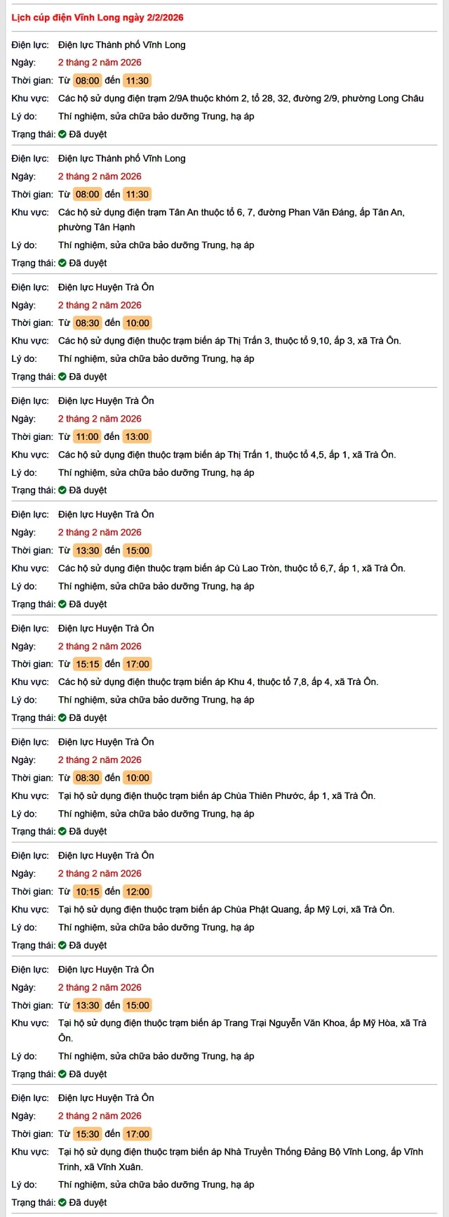Tra cứu lịch cúp điện Vĩnh Long hôm nay Thứ 2 ngày 2/2/2026- Ảnh 1.