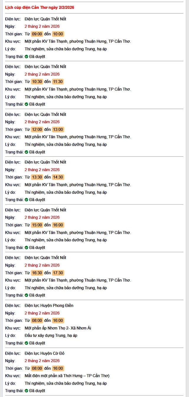 Tra cứu lịch cúp điện Cần Thơ hôm nay Thứ 2 ngày 2/2/2026- Ảnh 1.