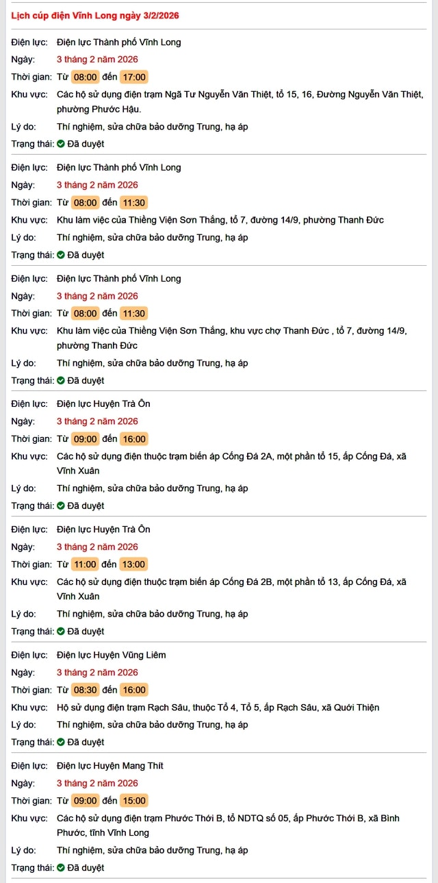 Tra cứu lịch cúp điện Vĩnh Long hôm nay Thứ 3 ngày 3/2/2026- Ảnh 1. Tra cứu lịch cúp điện Vĩnh Long hôm nay Thứ 3 ngày 3/2/2026- Ảnh 1.