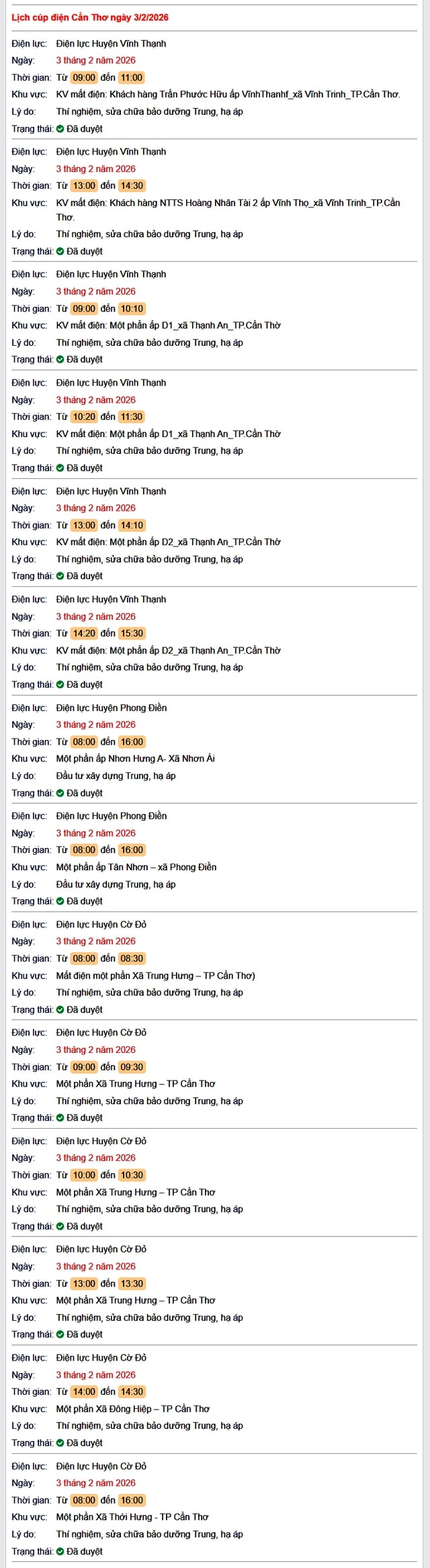 Tra cứu lịch cúp điện Cần Thơ hôm nay Thứ 3 ngày 3/2/2026- Ảnh 1.