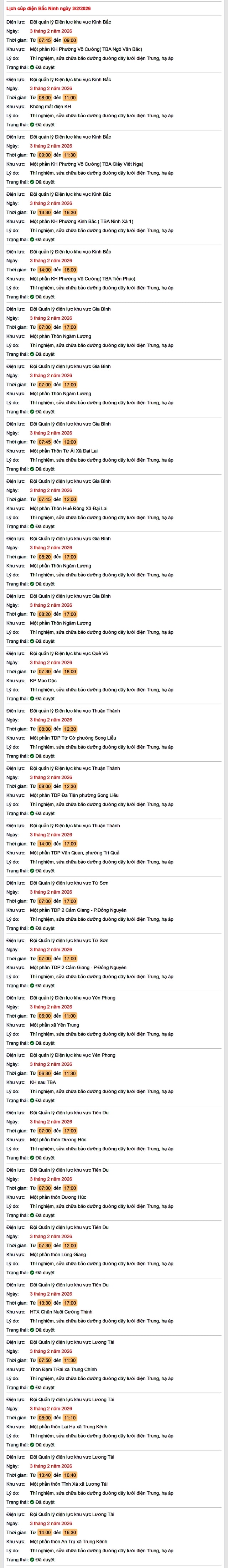 Tra cứu lịch cắt điện Bắc Ninh hôm nay Thứ 3 ngày 3/2/2026- Ảnh 1. Tra cứu lịch cắt điện Bắc Ninh hôm nay Thứ 3 ngày 3/2/2026- Ảnh 1.