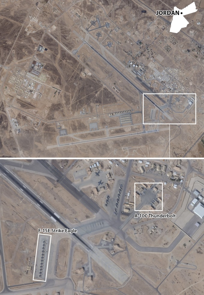 Tiêm kích F-15E và cường kích A-10C của Mỹ tại căn cứ ở Jordan. Ảnh: Washington Post
