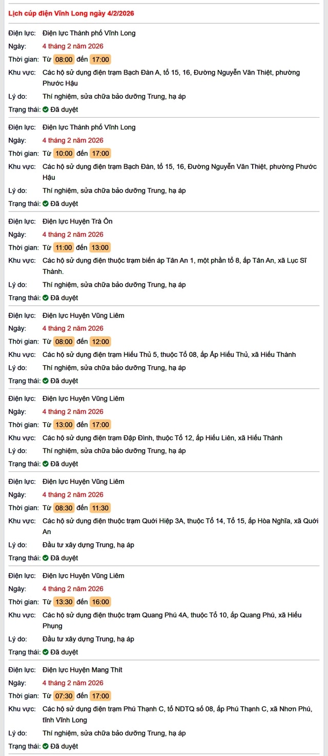 Tra cứu lịch cúp điện Vĩnh Long hôm nay Thứ 4 ngày 4/2/2026- Ảnh 1.