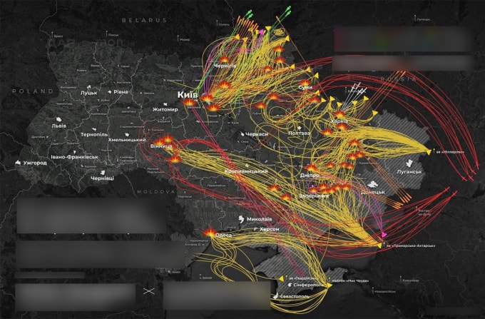 Đường bay của tên lửa và UAV Nga trong vụ tập kích ngày 3/2. Đồ họa: X/MonitorWar
