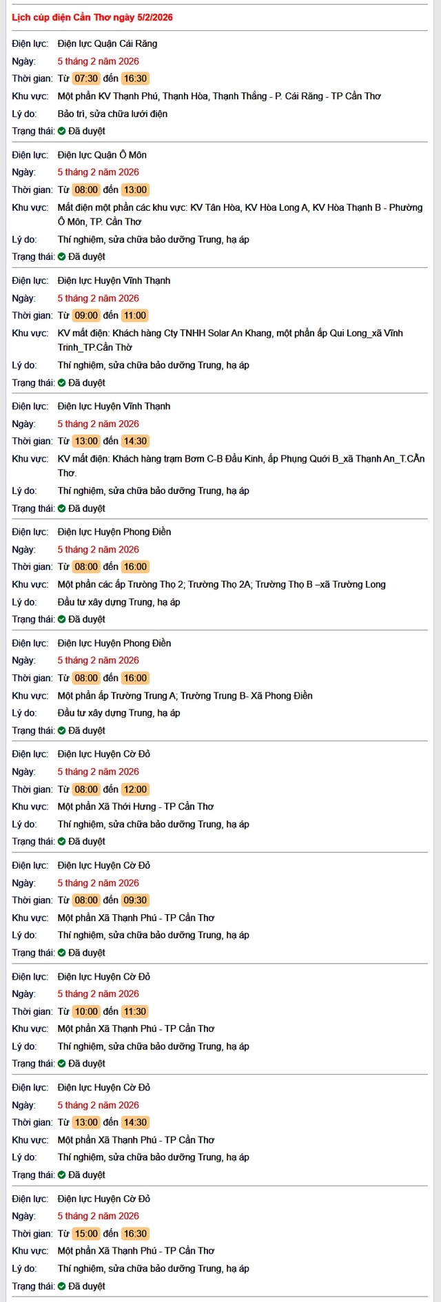 Tra cứu lịch cúp điện Cần Thơ hôm nay Thứ 5 ngày 5/2/2026- Ảnh 1.