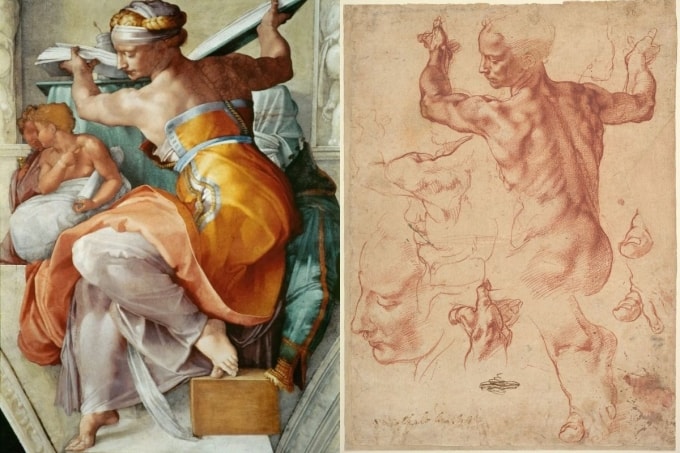 Bức hình Nữ tư tế Sibyl tại nhà nguyện (trái) và bản phác thảo nhân vật đang được trưng bày tại bảo tàng Met. Ảnh: Fine Art Images/ Met Museum