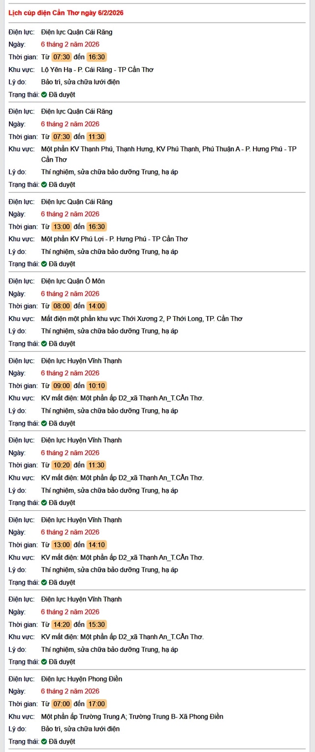Tra cứu lịch cúp điện Cần Thơ hôm nay Thứ 6 ngày 6/2/2026- Ảnh 1.