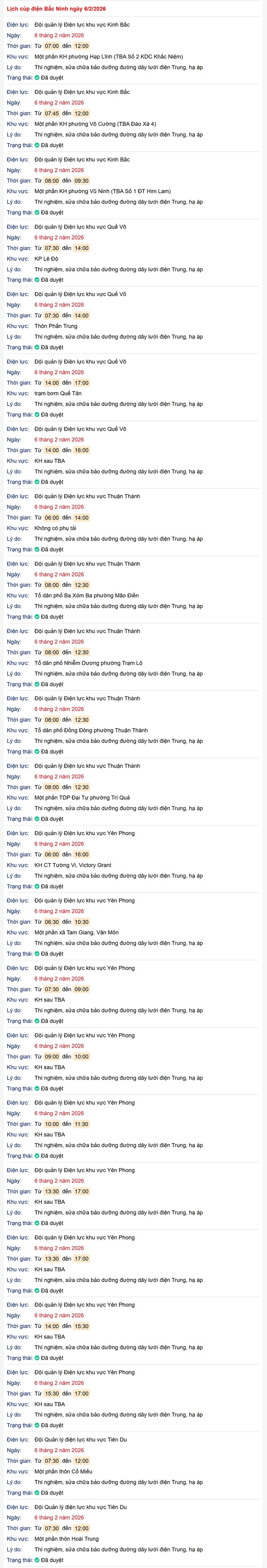 Tra cứu lịch cắt điện Bắc Ninh hôm nay Thứ 6 ngày 6/2/2026- Ảnh 1. Tra cứu lịch cắt điện Bắc Ninh hôm nay Thứ 6 ngày 6/2/2026- Ảnh 1.