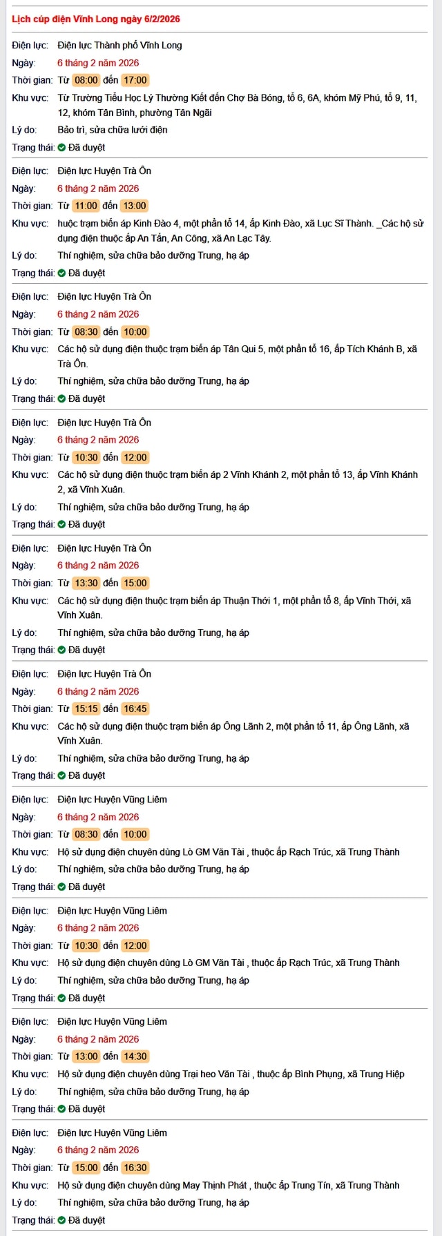 Tra cứu lịch cúp điện Vĩnh Long hôm nay Thứ 6 ngày 6/2/2026- Ảnh 1. Tra cứu lịch cúp điện Vĩnh Long hôm nay Thứ 6 ngày 6/2/2026- Ảnh 1.